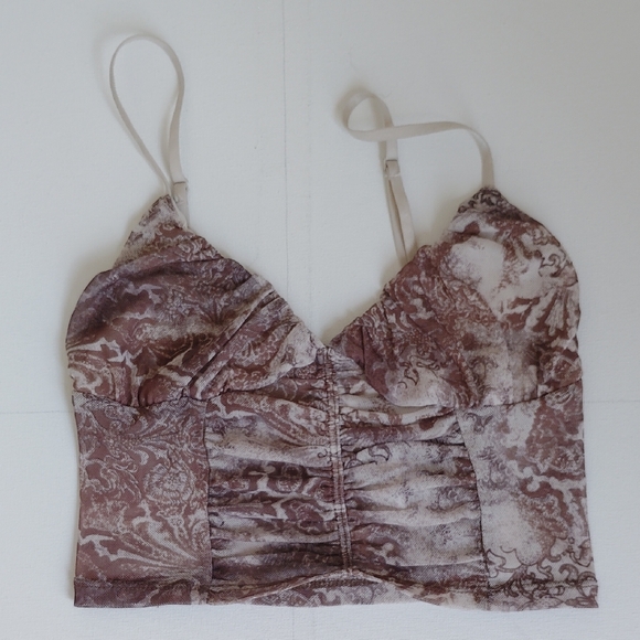 Garage Womens Brown Sheer Mesh Snakeskin Print Babydoll Cami Crop Top Sz XXS Y2K - Picture 1 of 6